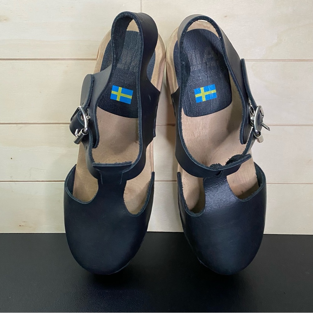 Mia Madeline Swedish Clogs Women's Size 7.5 Shoes EU38 Black Leather Wooden - Picture 8 of 11